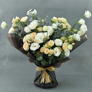 Buy Peach Spray Roses Online, Peach Spray Roses, White Lisianthus, Eucalyptus, Beautifully Wrapped
